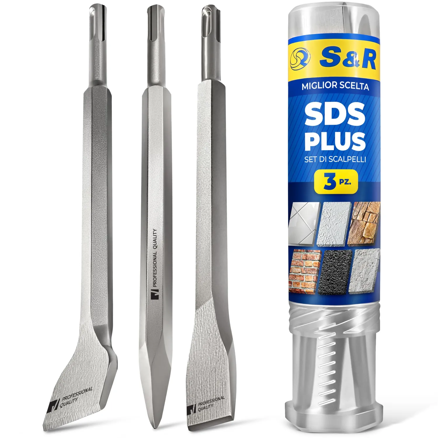 S&R Set 4 Scalpelli SDS-Plus Punta Piatto Piastrelle