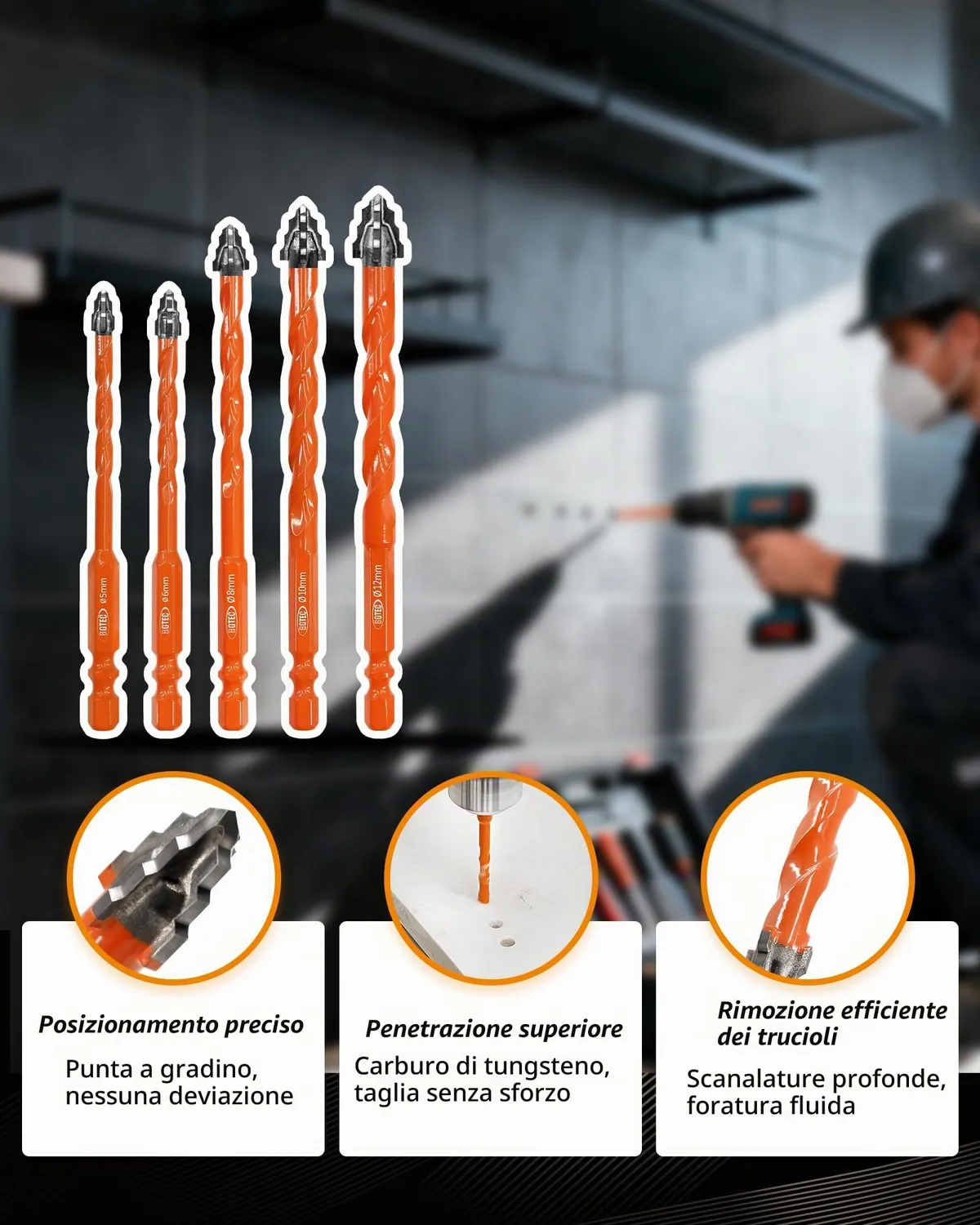 BGTEC Set Punte Muro 5-12 mm 10 Pezzi Gres Porcellanato
