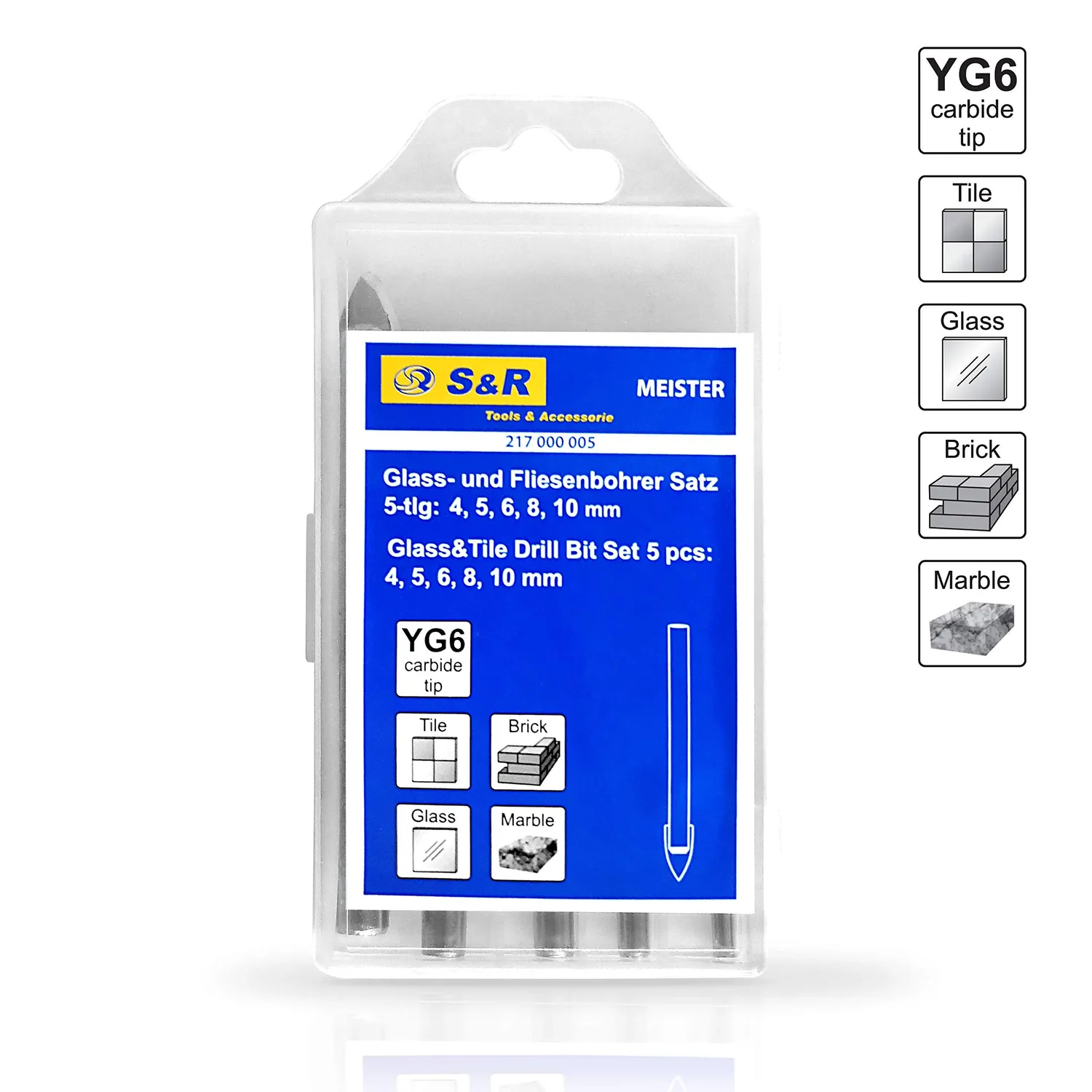S&R Set 5 Punte Vetro Piastrelle 4-10 mm Ceramica