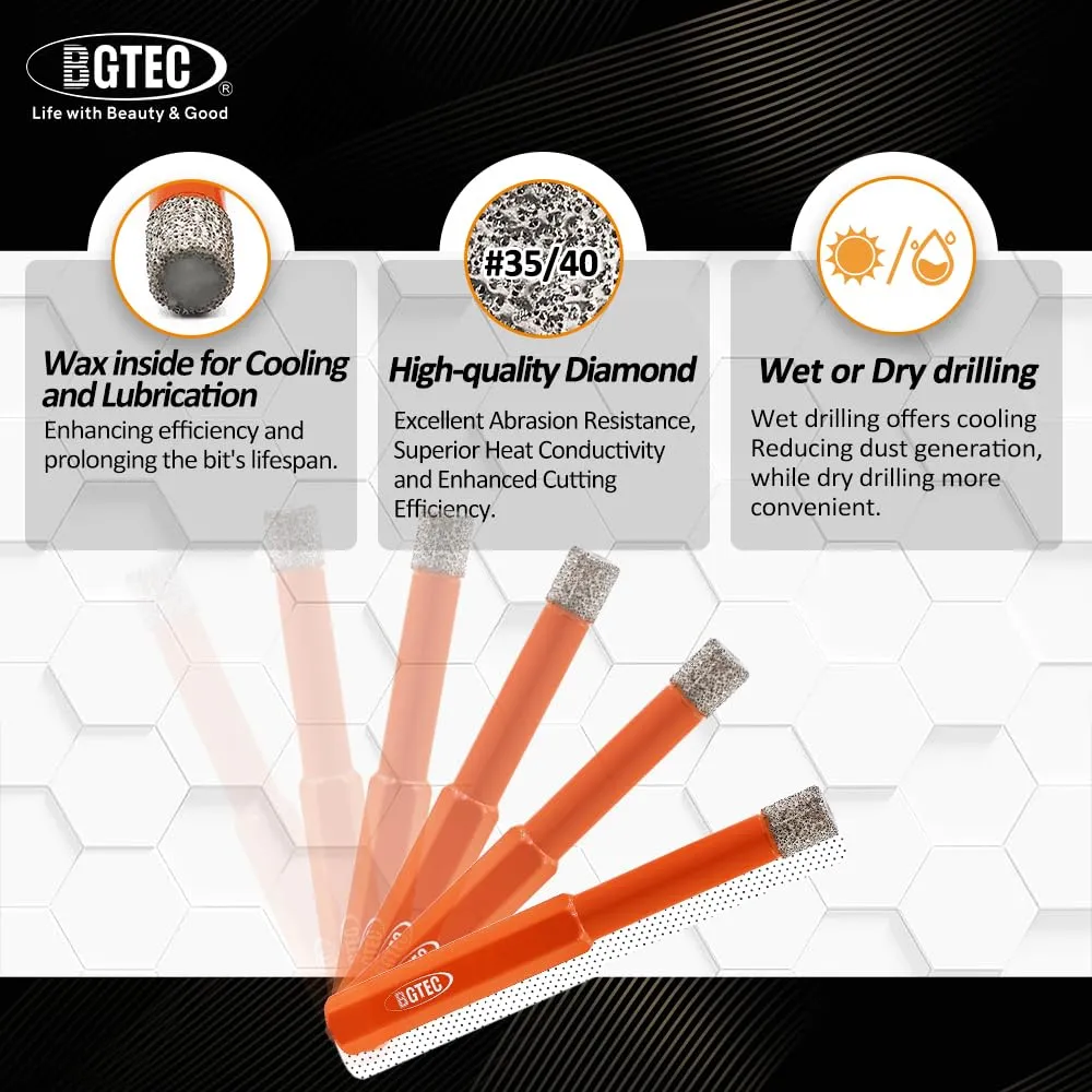 BGTEC Punte Diamantate 8 mm Gres Vetro 5 pezzi Secco