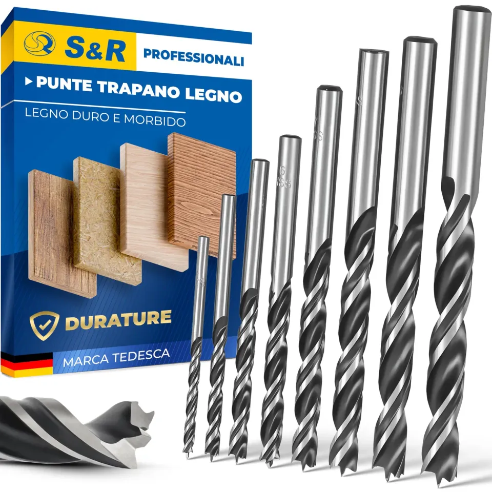 S&R Set 8 punte legno HSS 3-10 mm attacco cilindrico