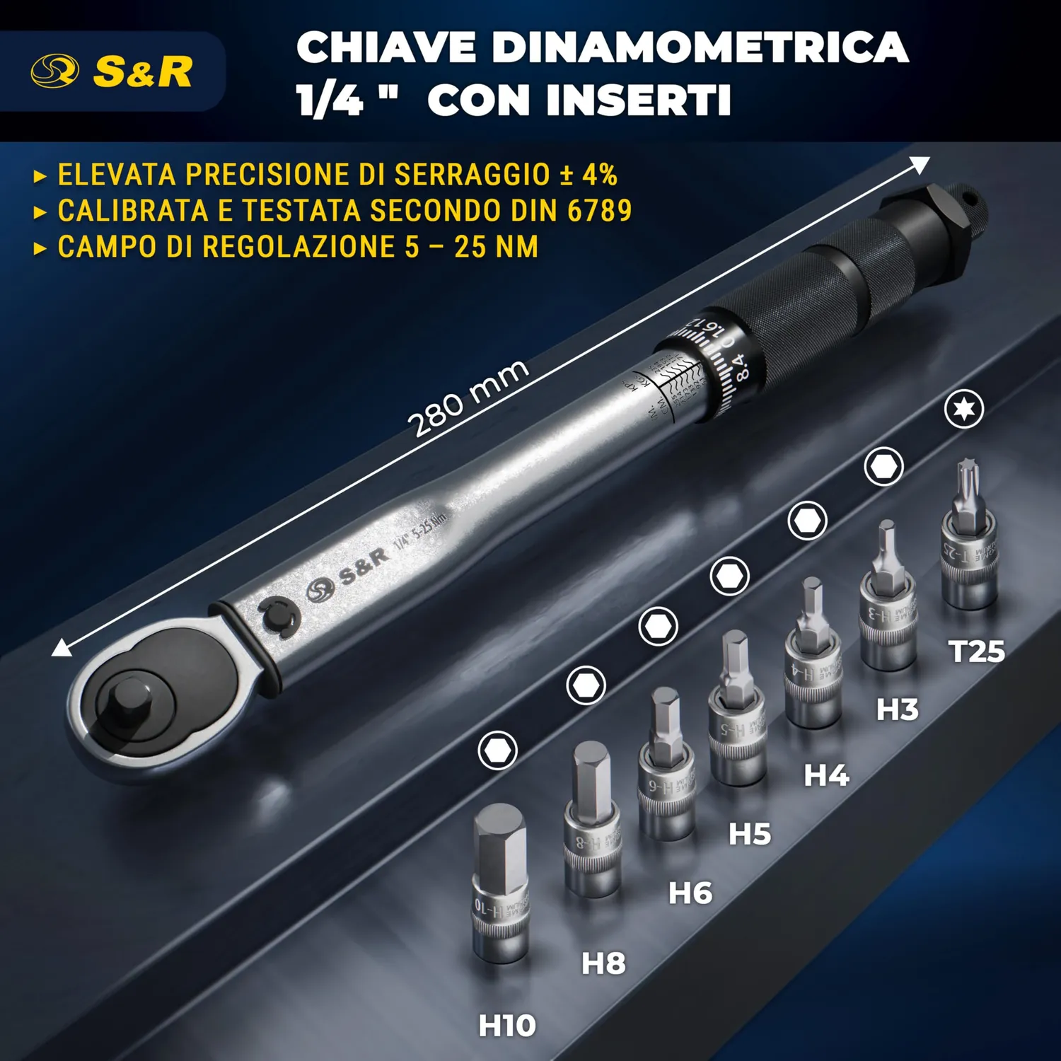 S&R Chiave dinamometrica 1/4 5-25Nm bici 7 inserti