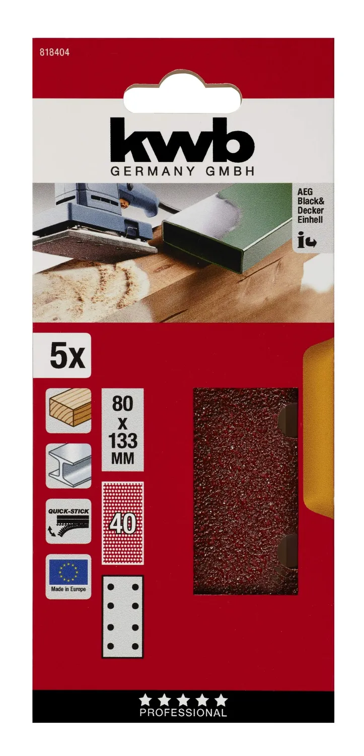KWB 8184-04 fogli abrasivi 80x133 mm grana 40 5 pezzi