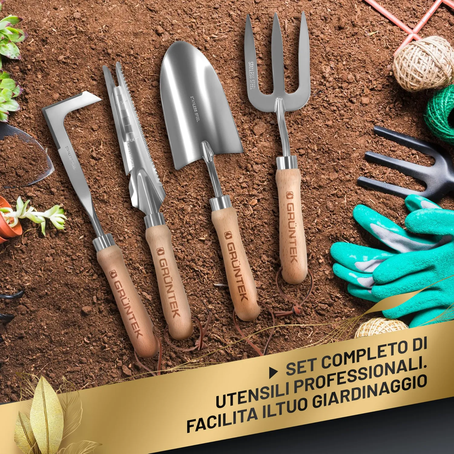 Grüntek Black Forest set attrezzi giardino 4pz inox