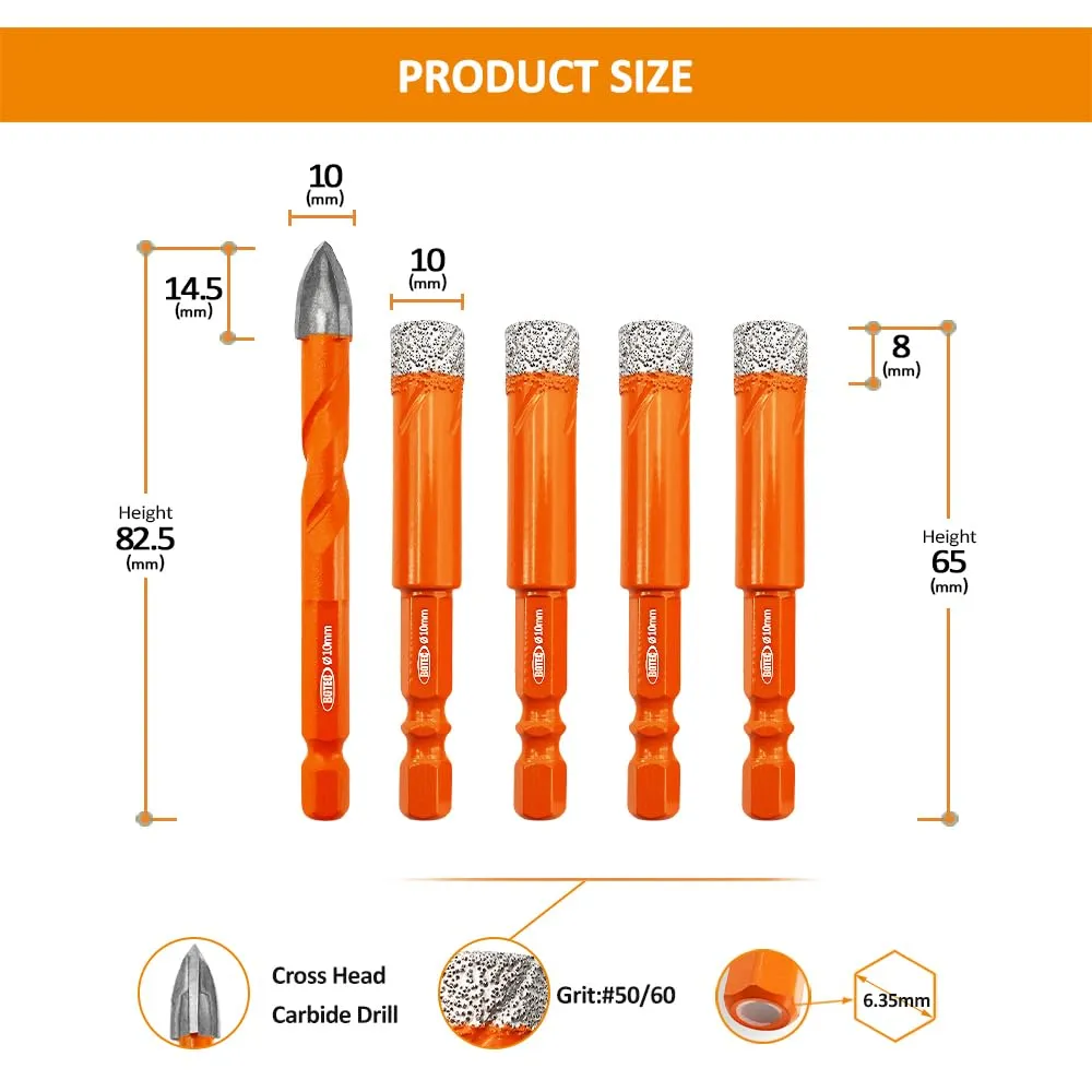 BGTEC Set7 punte diamantate 10 mm 5 pezzi a secco