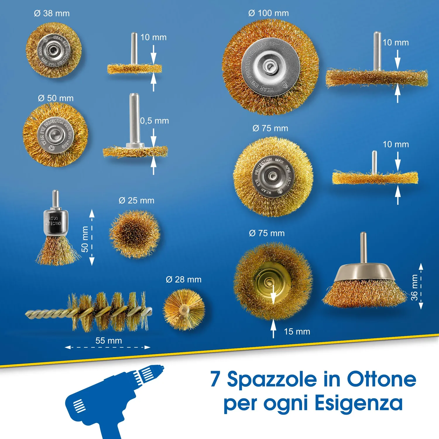 S&R set 7 spazzole metalliche 6 mm per trapano ottonate