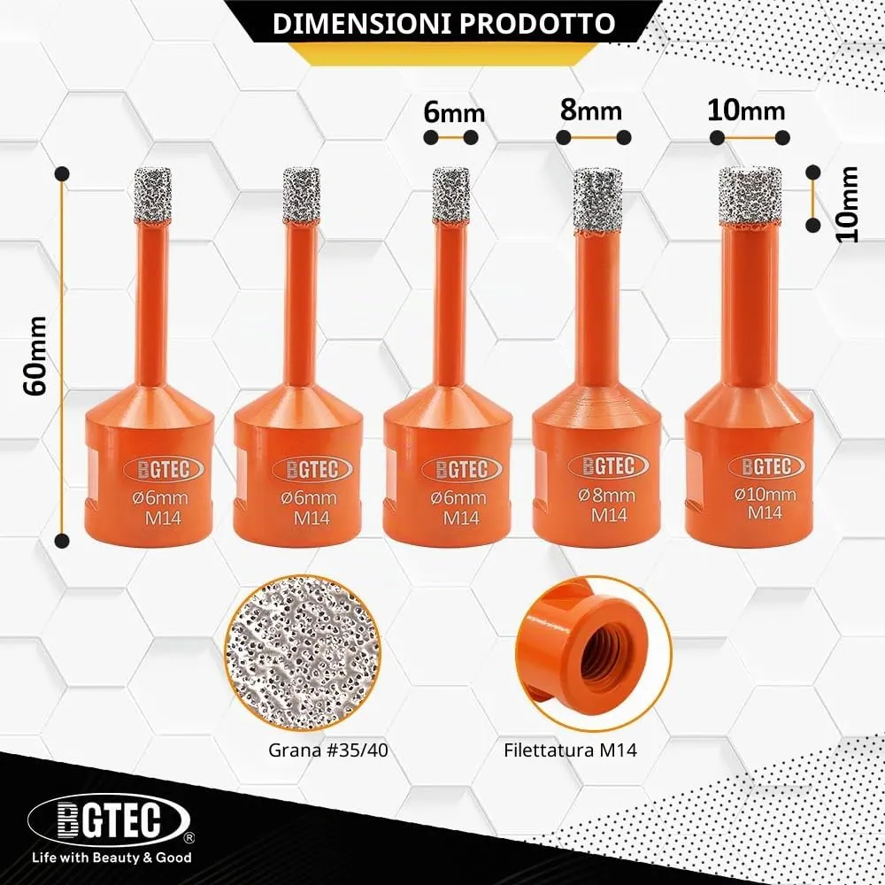 BGTEC Set 19 punte diamantate 5pz 6-10mm M14 gres