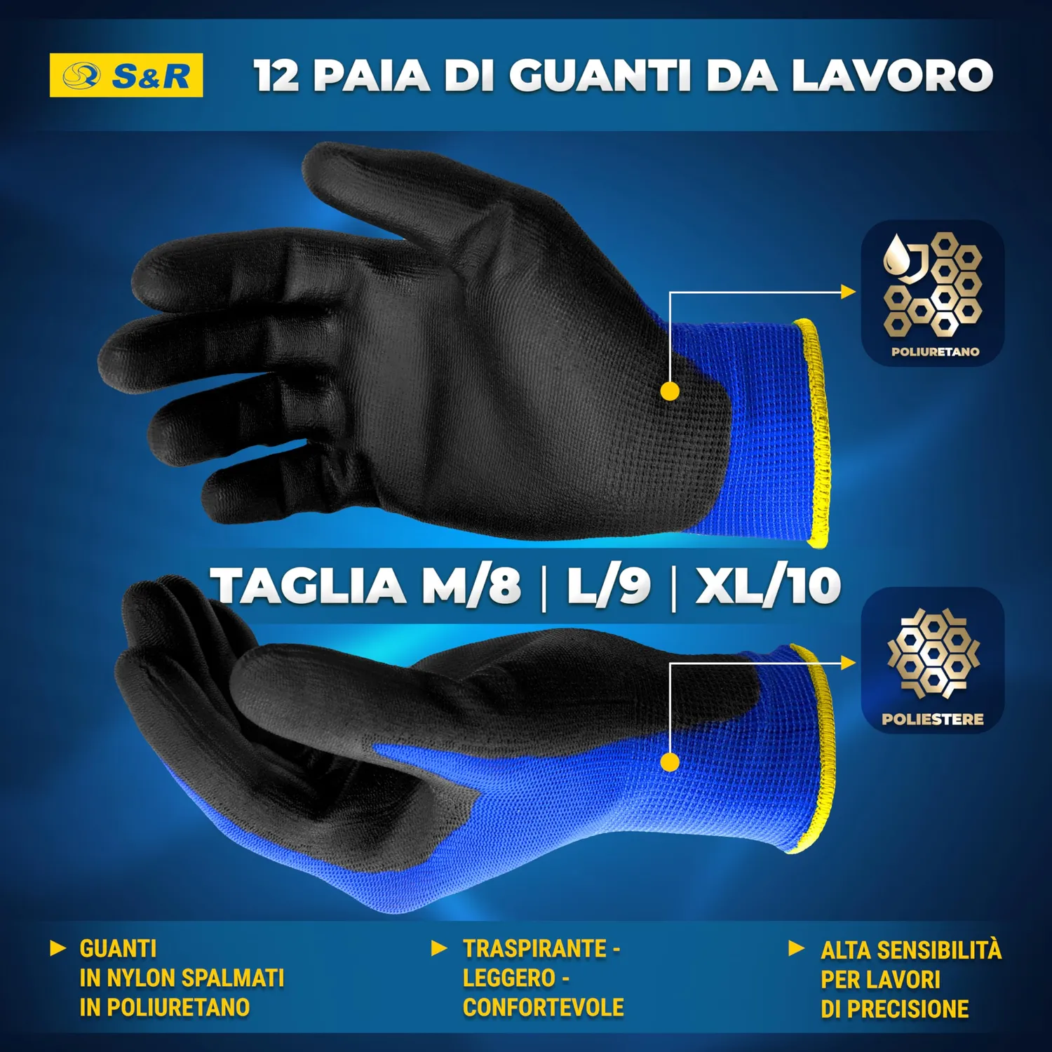S&R Guanti Lavoro PU 12 Paia XL 10 Leggeri