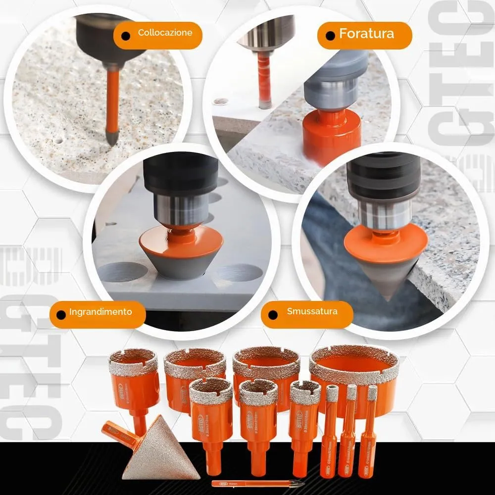 BGTEC set 12 frese diamantate per piastrelle a secco