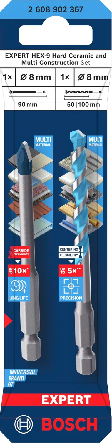 Bosch Expert HEX-9 punte trapano 8 mm 2 pz ceramica muro