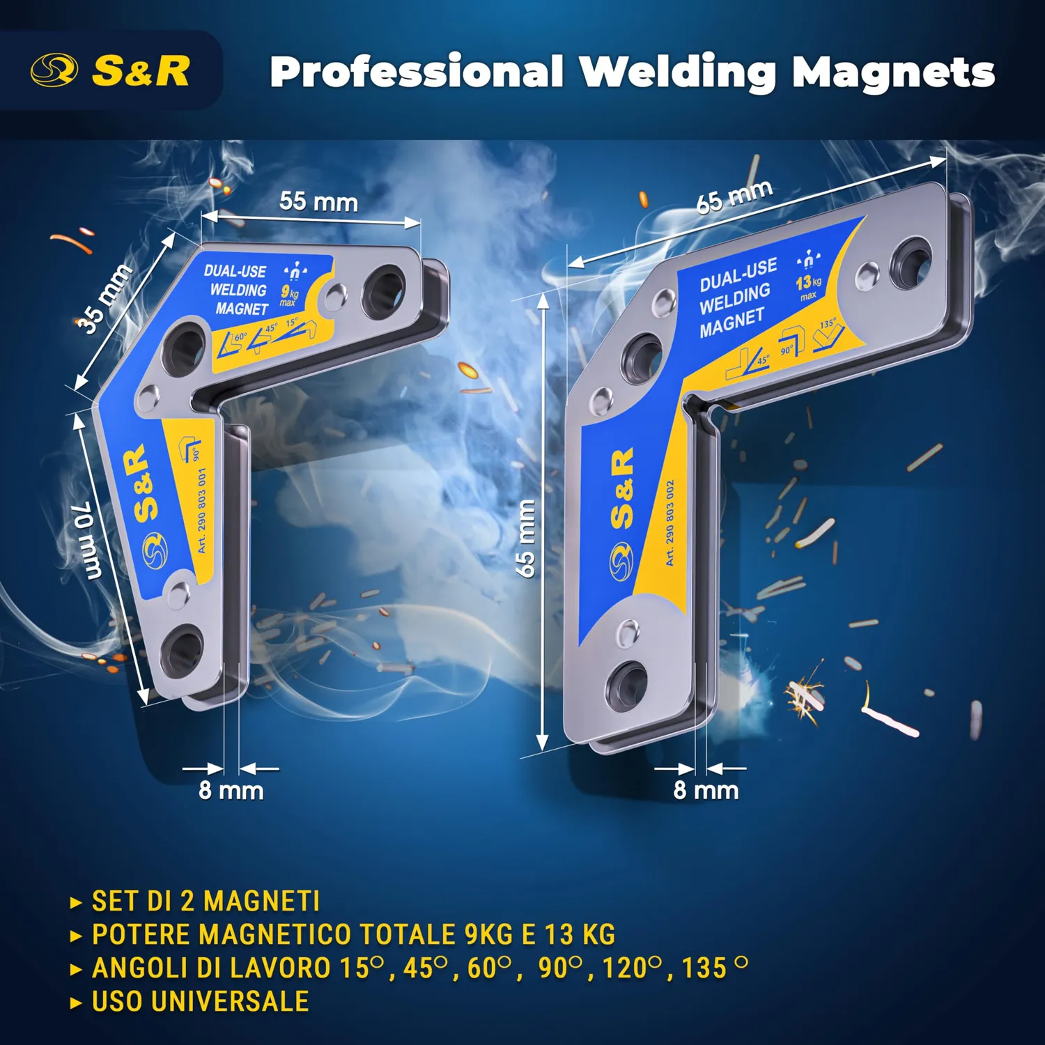 S&R set 2 squadrette magnetiche saldatura 9-13 kg multiangolo