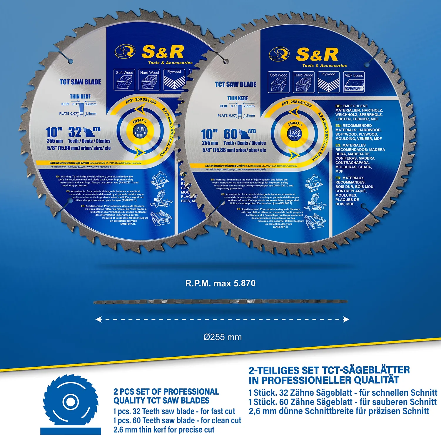 S&R Lama Sega Circolare 255 mm Set 2 Pezzi 32+60 Denti Legno