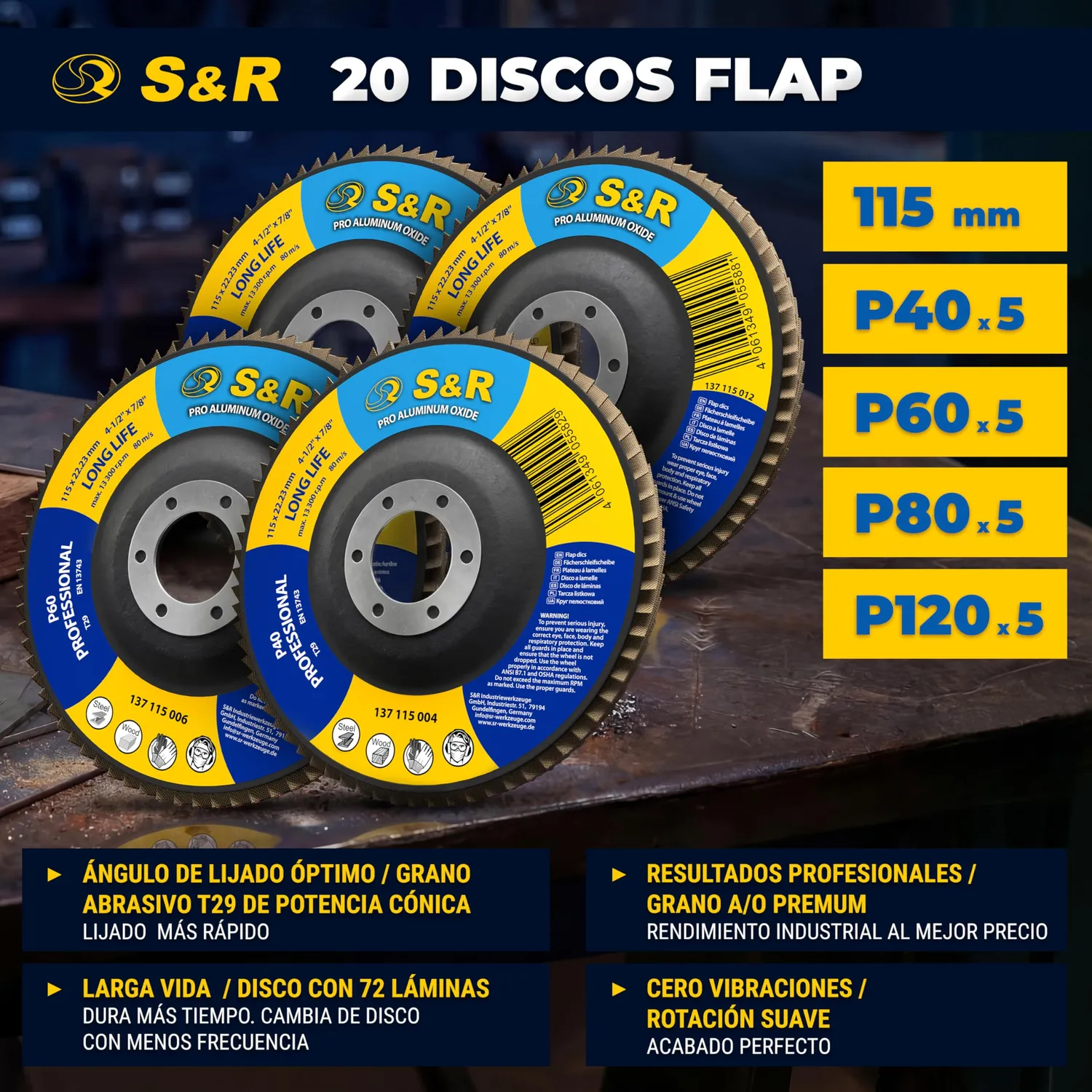 S&R Dischi Lamellari 115 mm 20 Pz Grana 40-120 Ossido