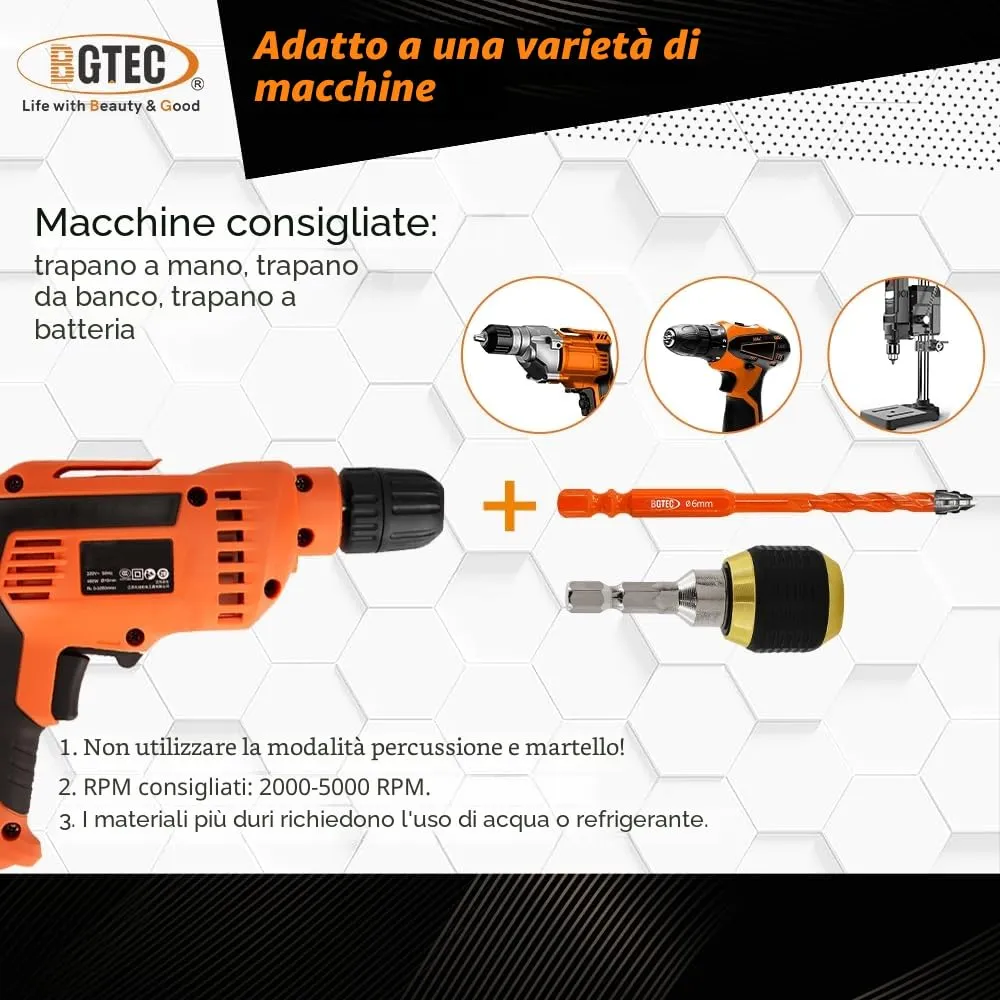 BGTEC Set 5 Punte Trapano 5-12 mm Muro Gres Vetro