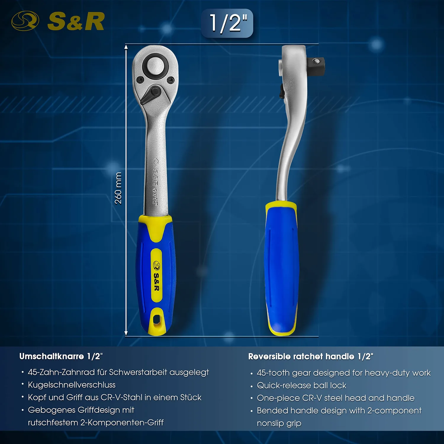 S&R Chiave a cricchetto 1/2 26cm curva 45 denti