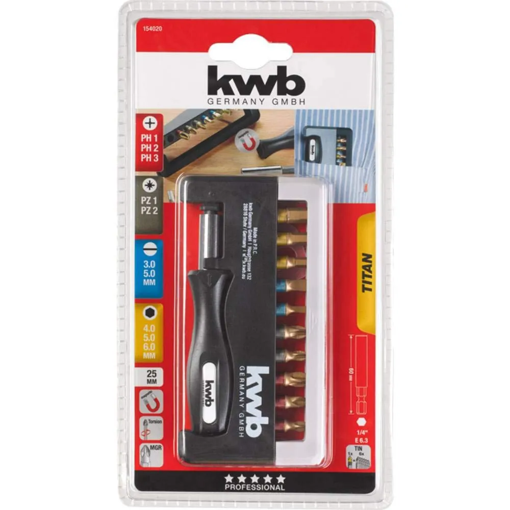 KWB 154020 Bit-Box titanio set bit 12 pezzi con portabit