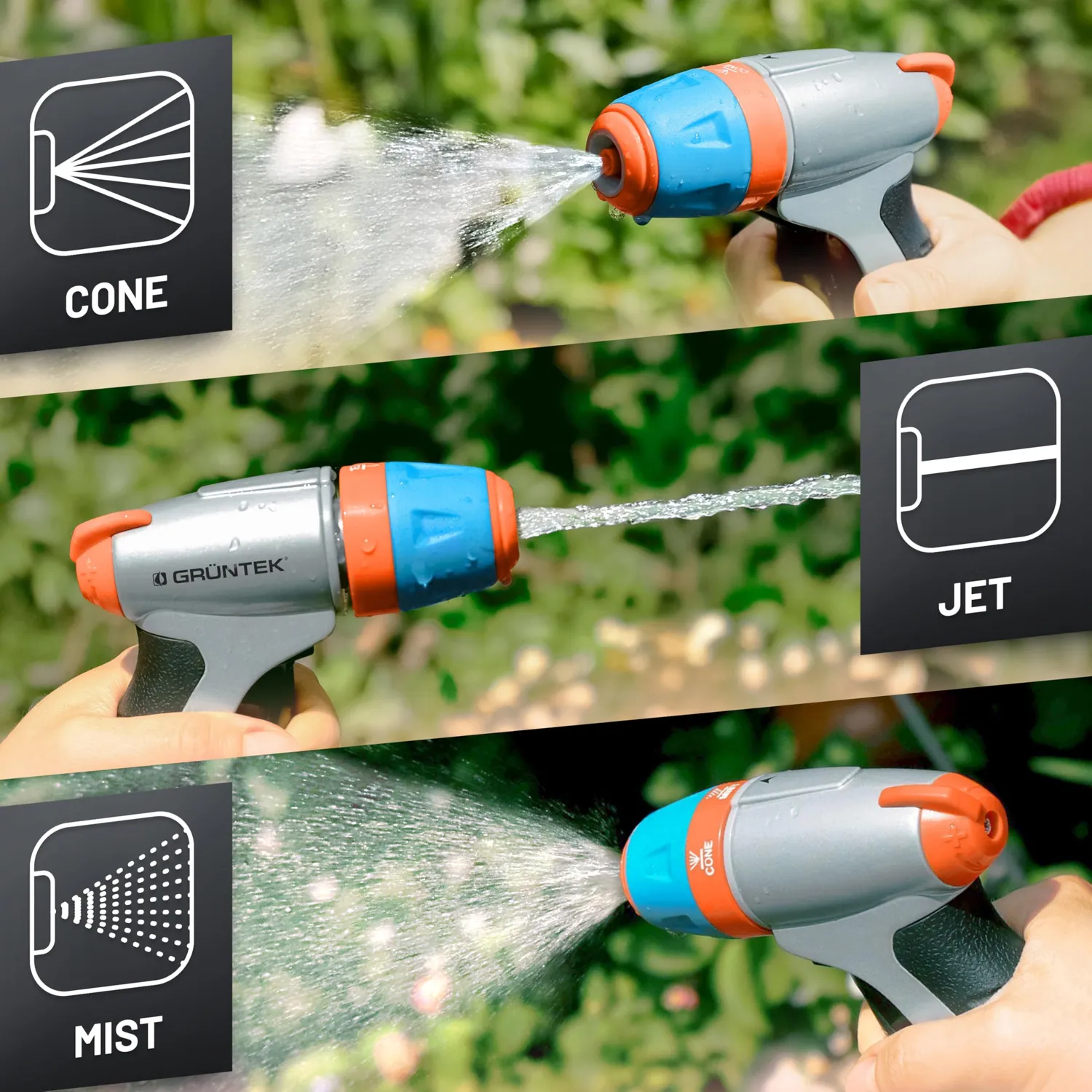 GRÜNTEK pistola acqua giardino metallo 3 spruzzi
