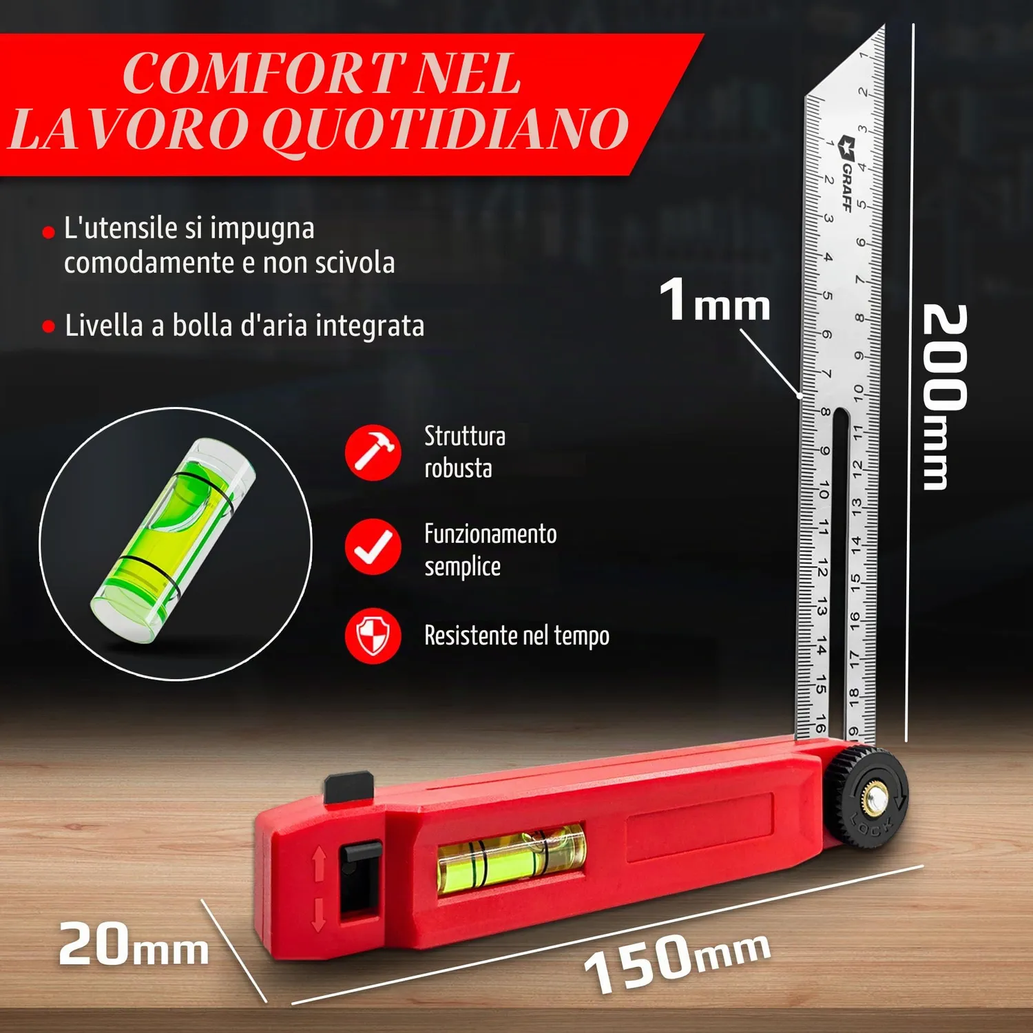 Graff falsa squadra 180 mm acciaio con livella e truschino