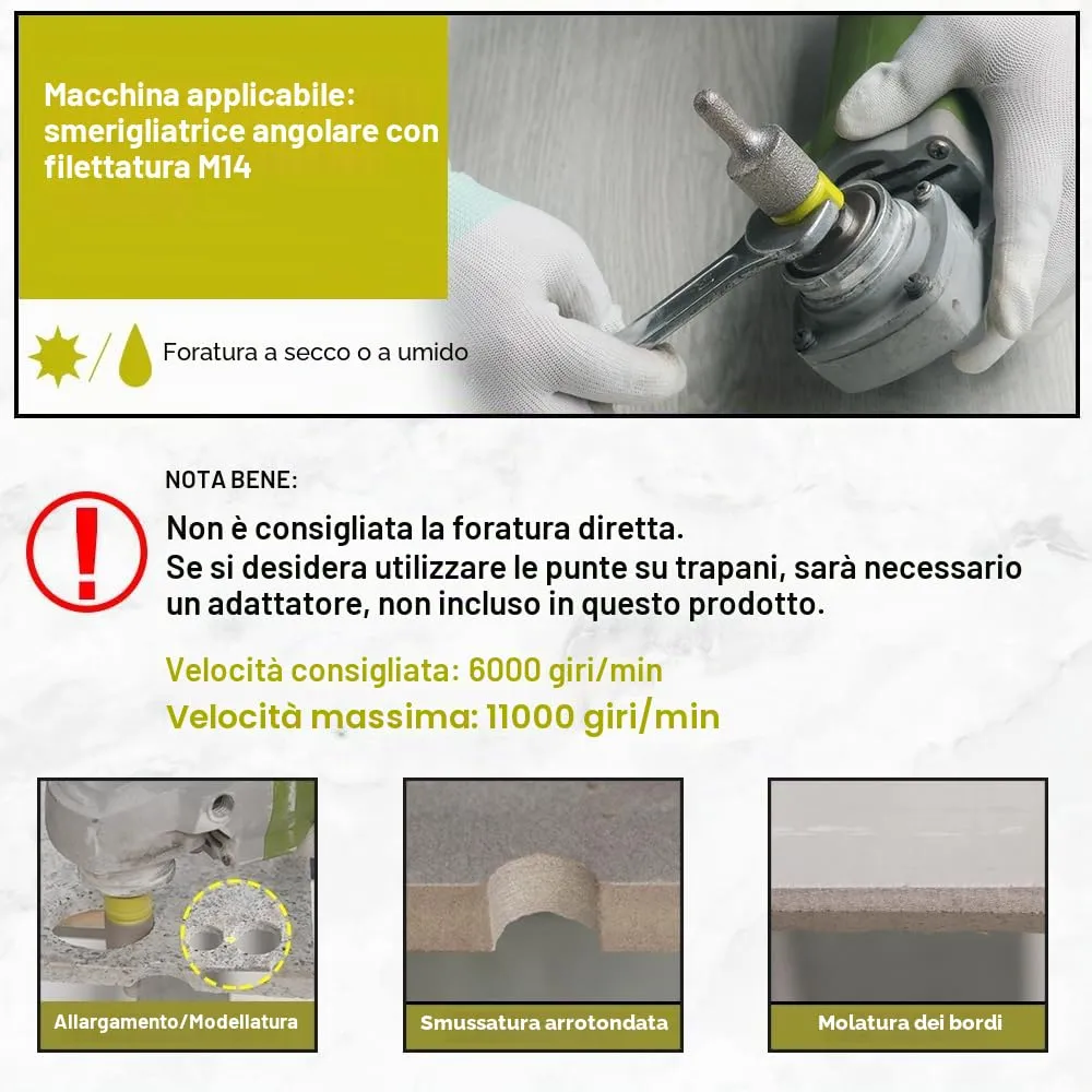 Sanleetek fresa diamantata 10-25mm M14 per gres e marmo