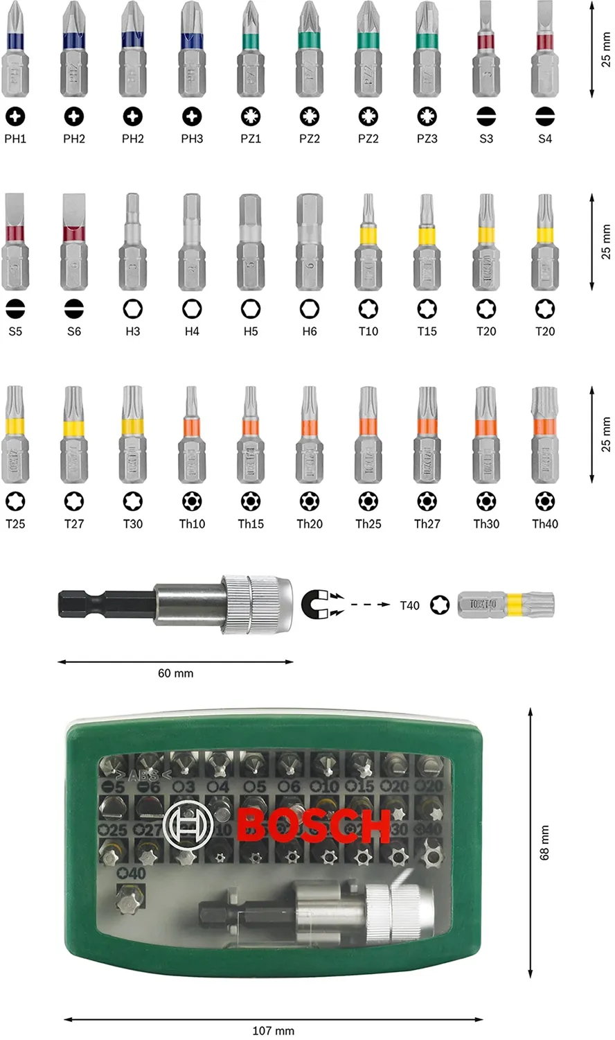 Bosch Rainbow Set 32 inserti avvitamento con portainserti