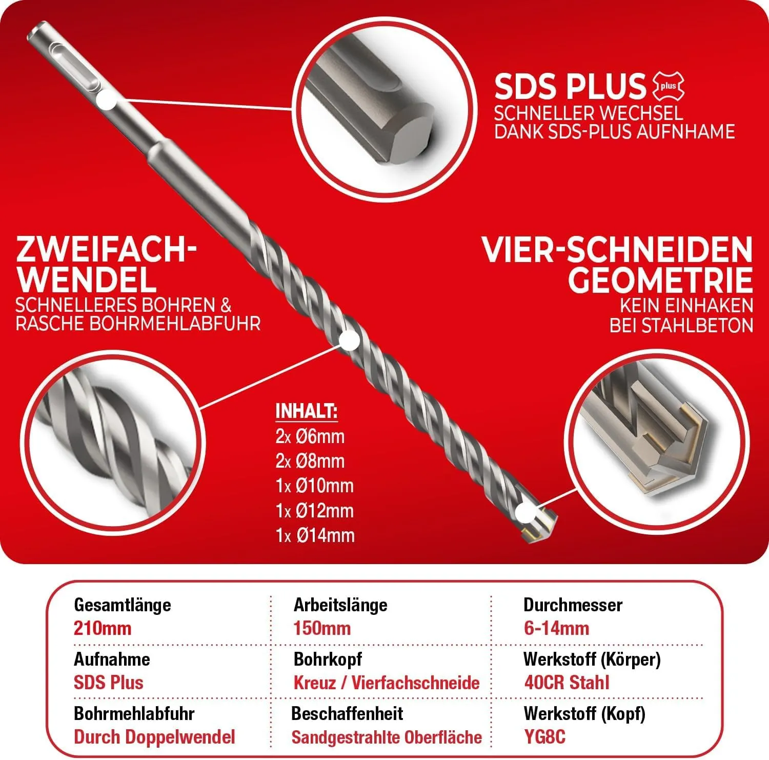 Schwabenbach SDS-Plus punte scalpelli 11pz calcestruzzo