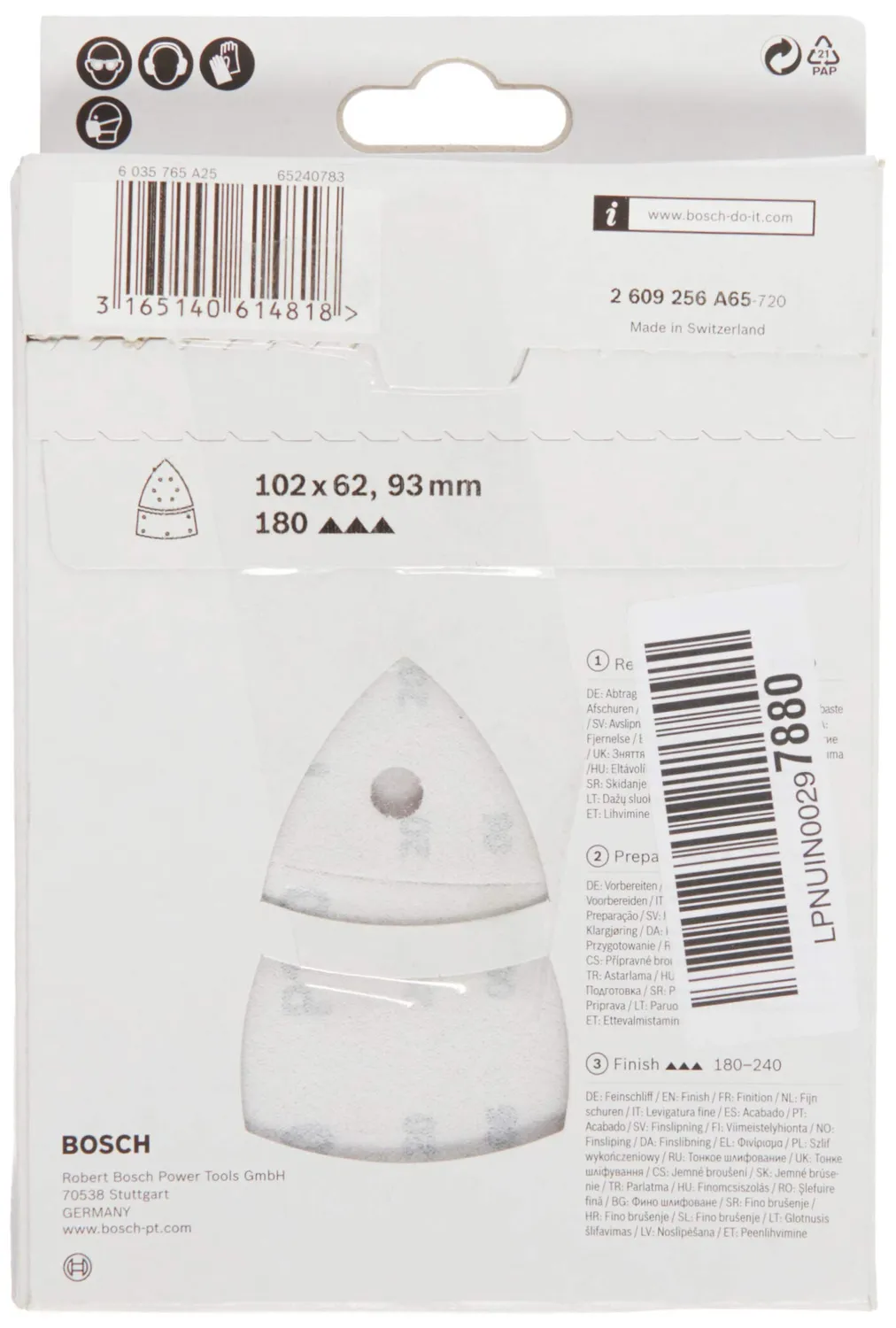 Bosch Fogli Abrasivi Grana 180 11 Fori 102x62 mm 10 pz
