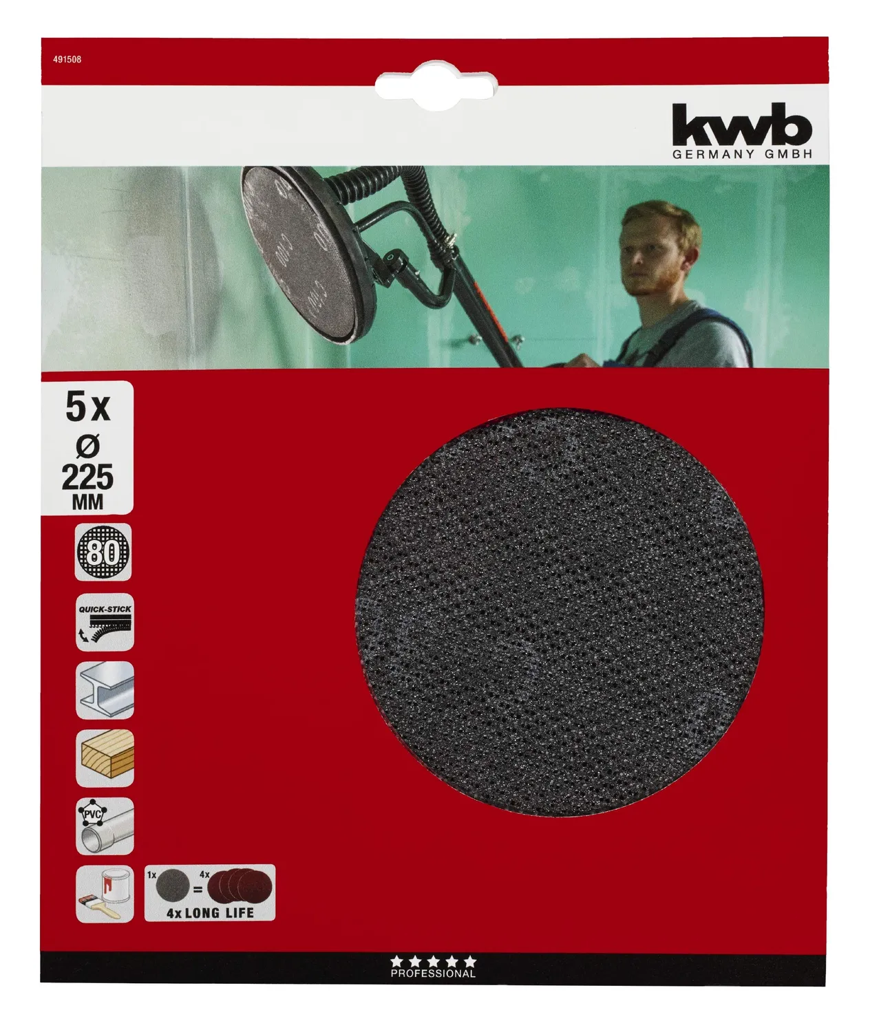 KWB Quick-Stick Disco Rete Abrasiva 225 mm K80 5 Pezzi