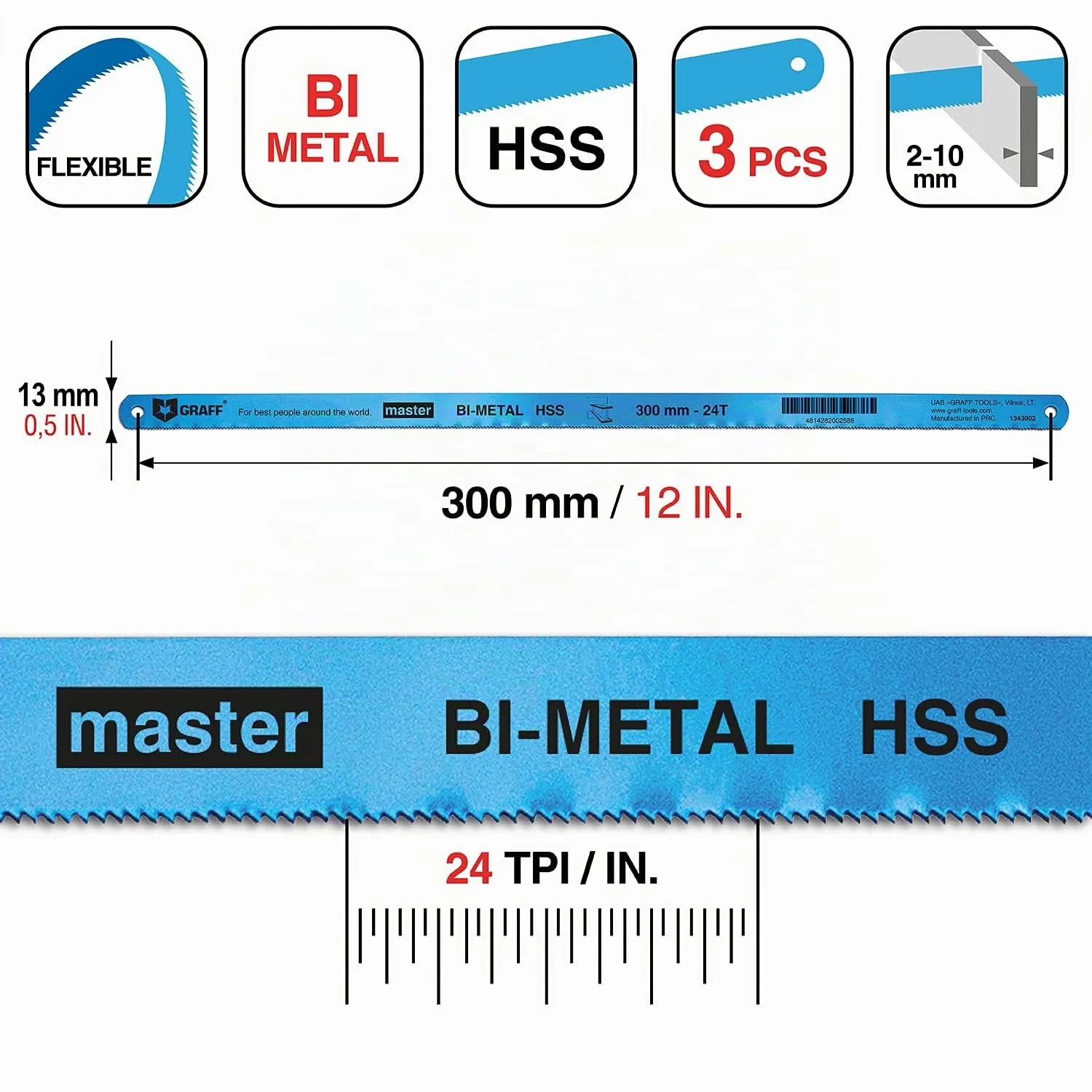 Graff lame seghetto metallo HSS 300 mm 24 TPI 3 pz