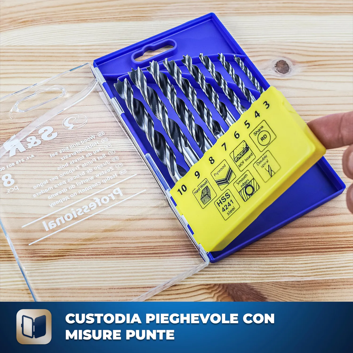 S&R Set 8 punte legno HSS 3-10 mm attacco cilindrico