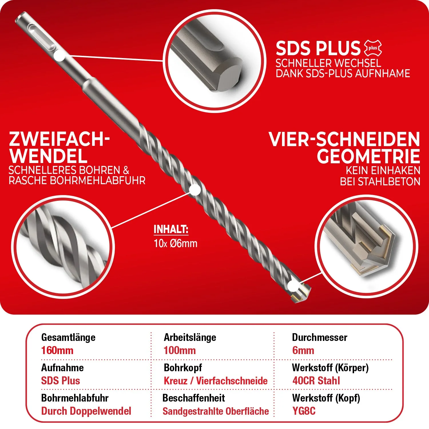 Schwabenbach SDS-Plus punta calcestruzzo 6x160 mm 10 pz 4 taglienti