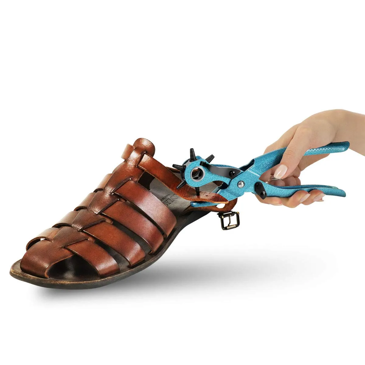 S&R pinza fustellatrice bucacinture pelle azzurra 6 misure