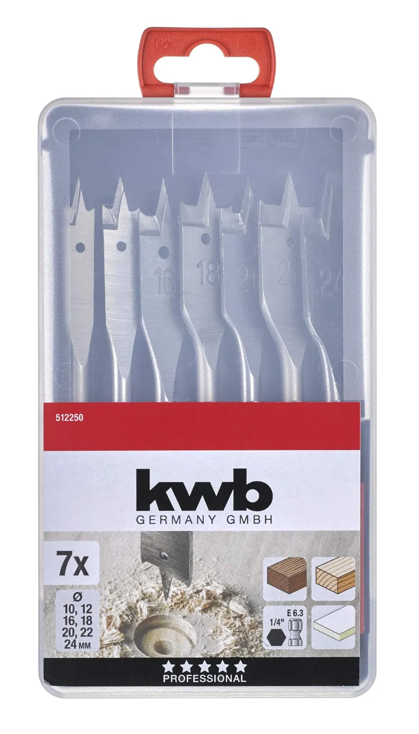 KWB 512250 set mecchie piatte legno 7 pezzi 10-24 mm