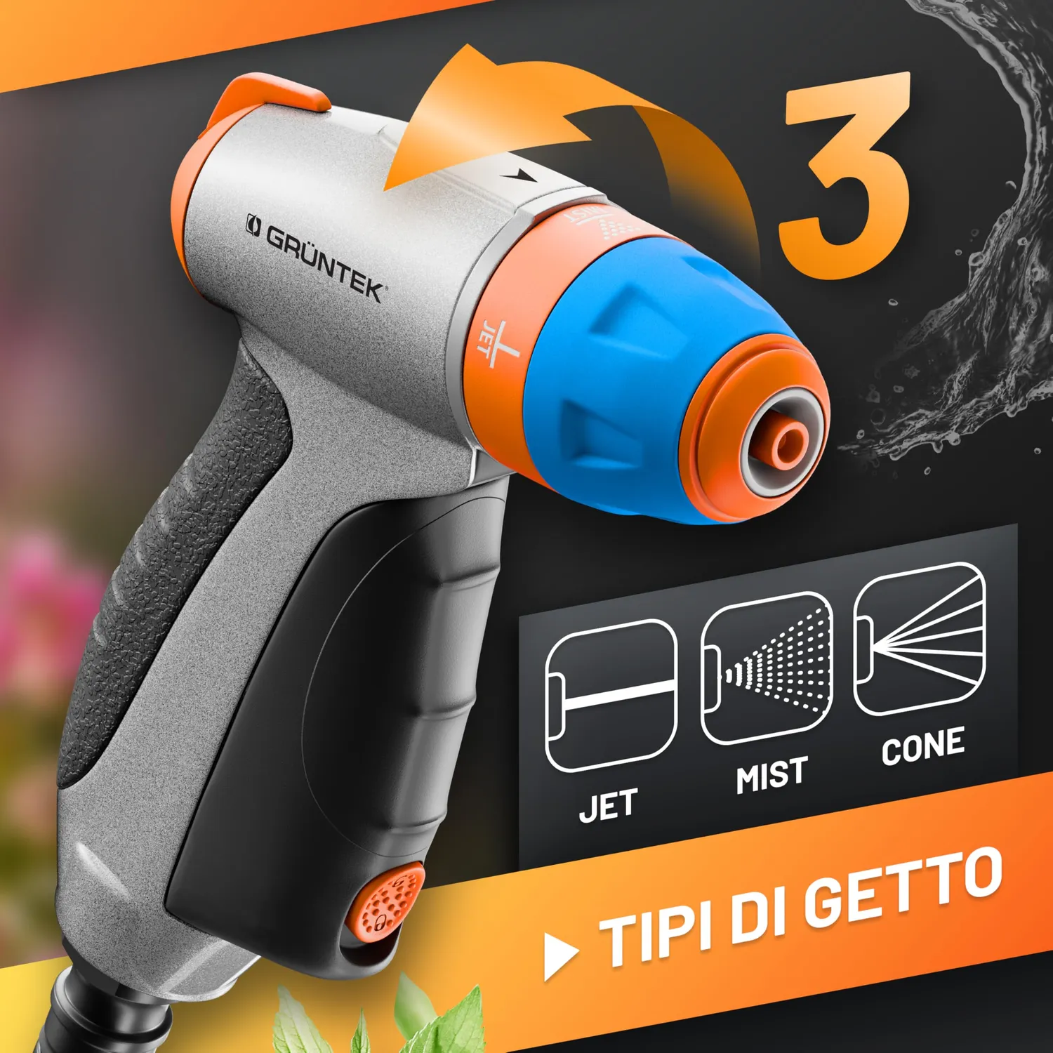 GRÜNTEK pistola acqua giardino metallo 3 spruzzi