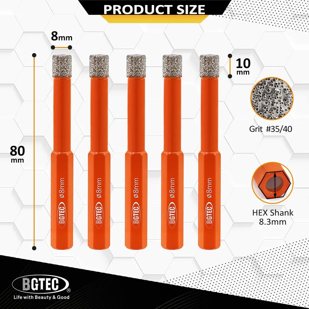 BGTEC Punte Diamantate 8 mm Gres Vetro 5 pezzi Secco