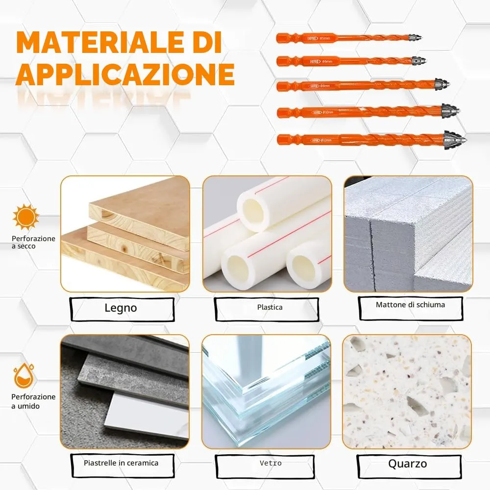BGTEC Set 5 Punte Trapano 5-12 mm Muro Gres Vetro