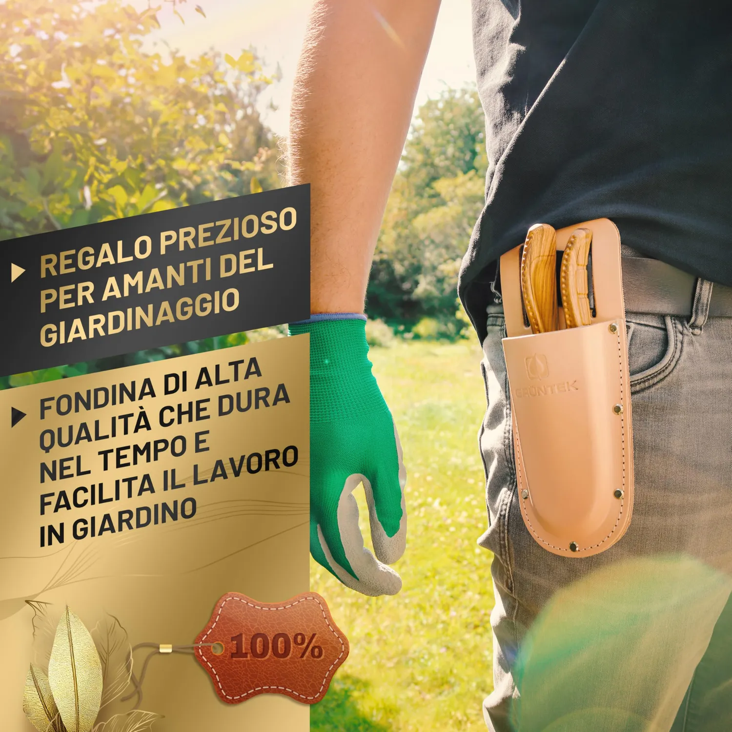 Grüntek fondina pelle marrone chiaro per forbici potatura