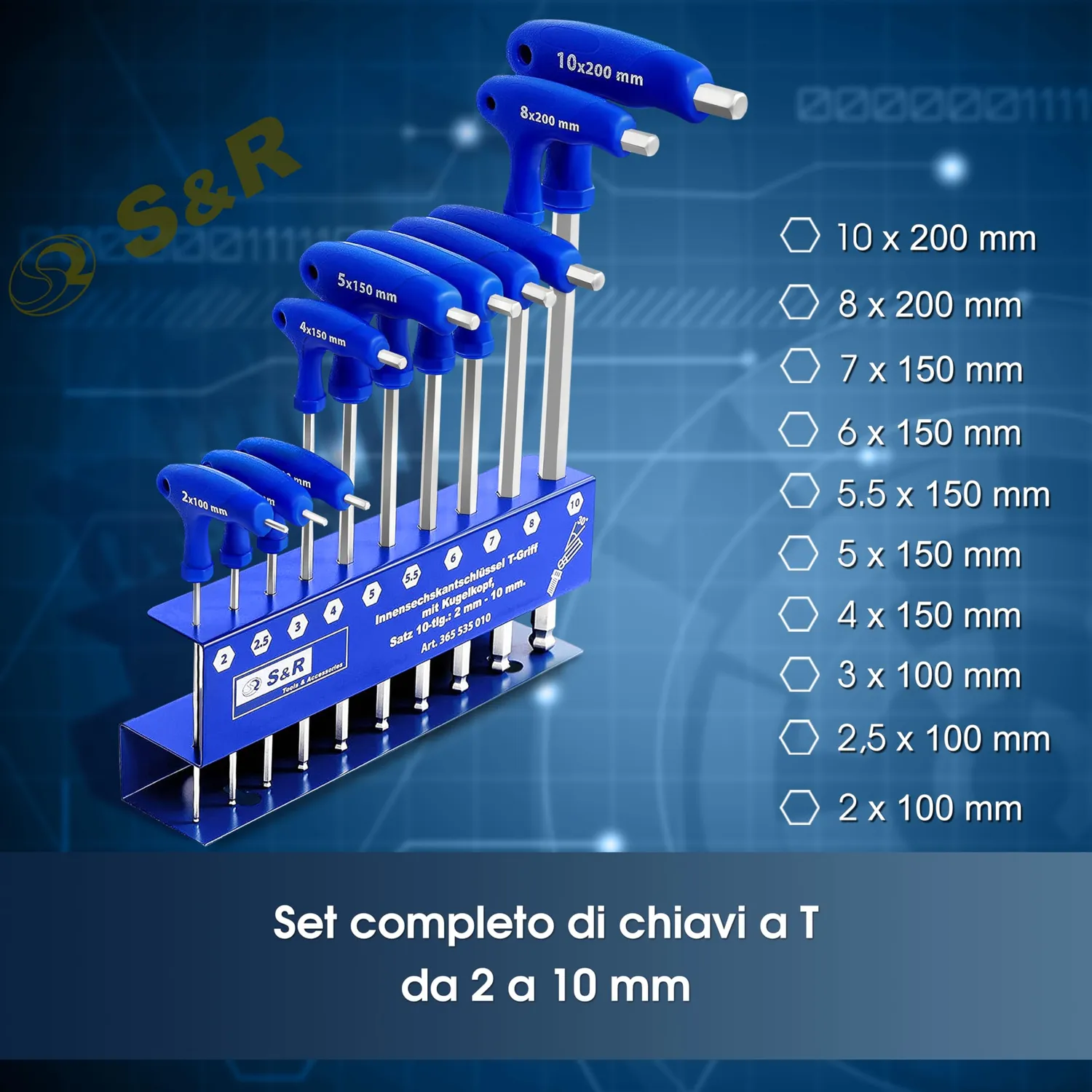 S&R Set 10 Chiavi Brugola a T 2-10 mm Acciaio S2
