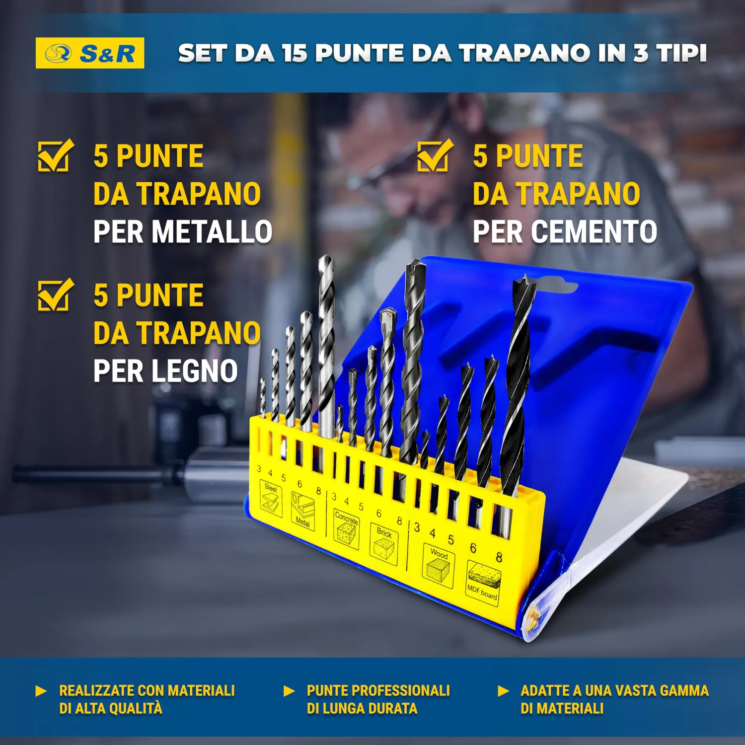 S&R Set 15 Punte Miste Muro Legno Metallo HSS