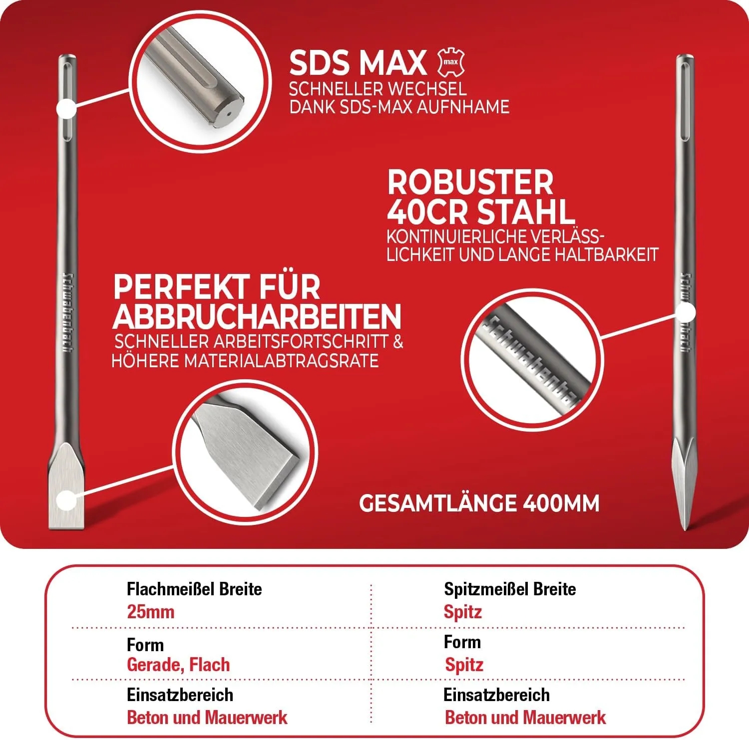 Schwabenbach Scalpello Piastrelle SDS-Max 80x300mm Piegato